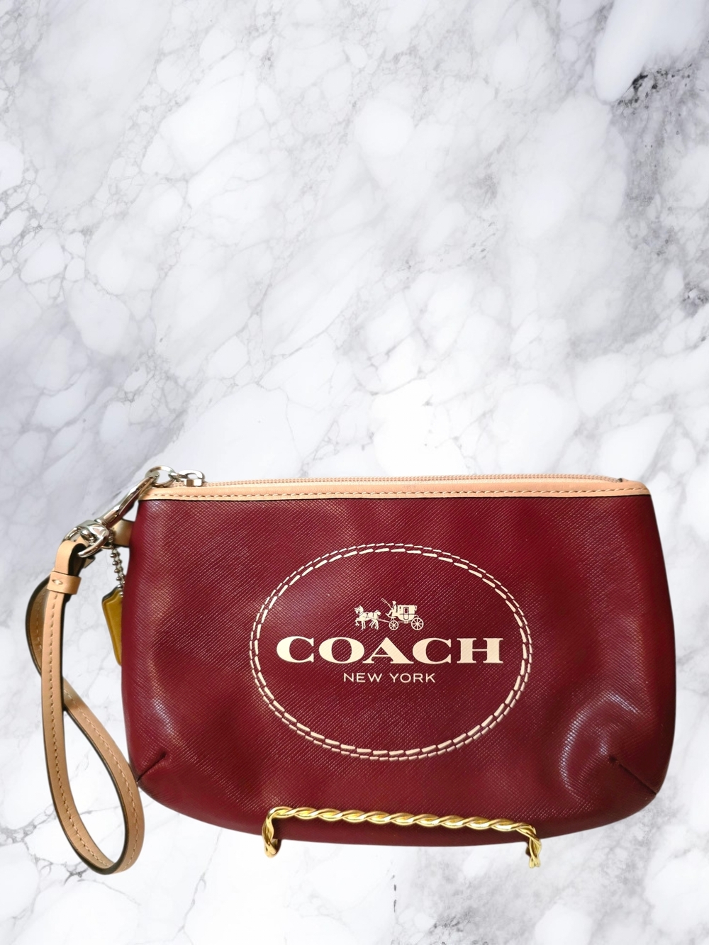 Coach F51788 Horse & Carriage Leather Wristlet Red Burgundy Large Zip